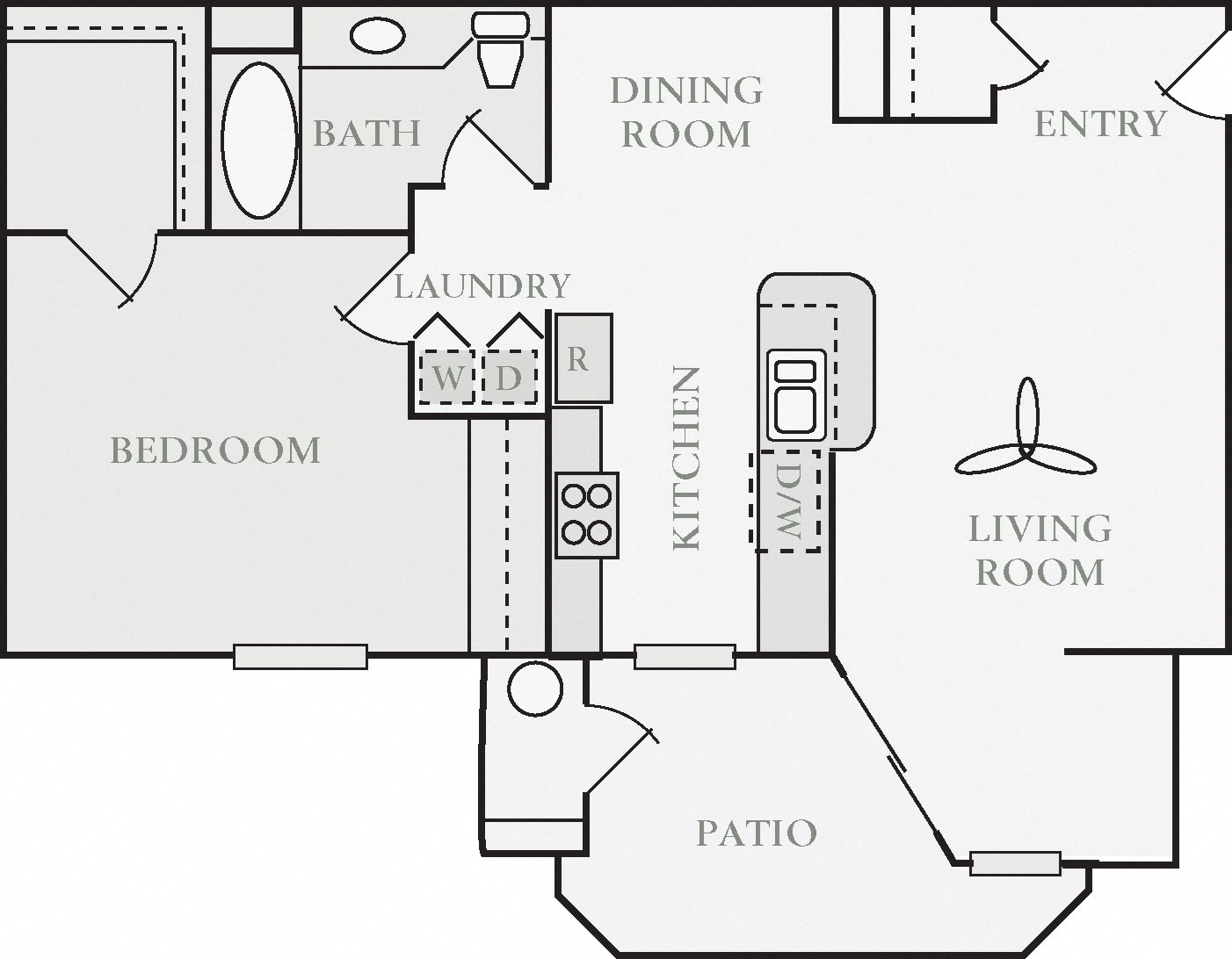 Floor plan for 1 bed, 1 bath, 790 sqft